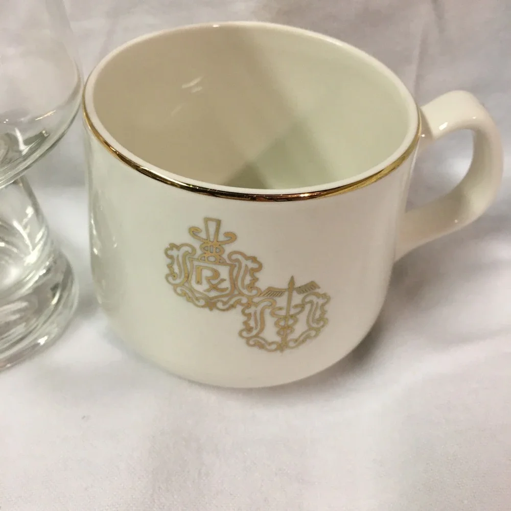 DOCTOR PHARMACIST Apothecary CADUCEUS RX GOLD RIM Coffee Cup‎ and Glass Set